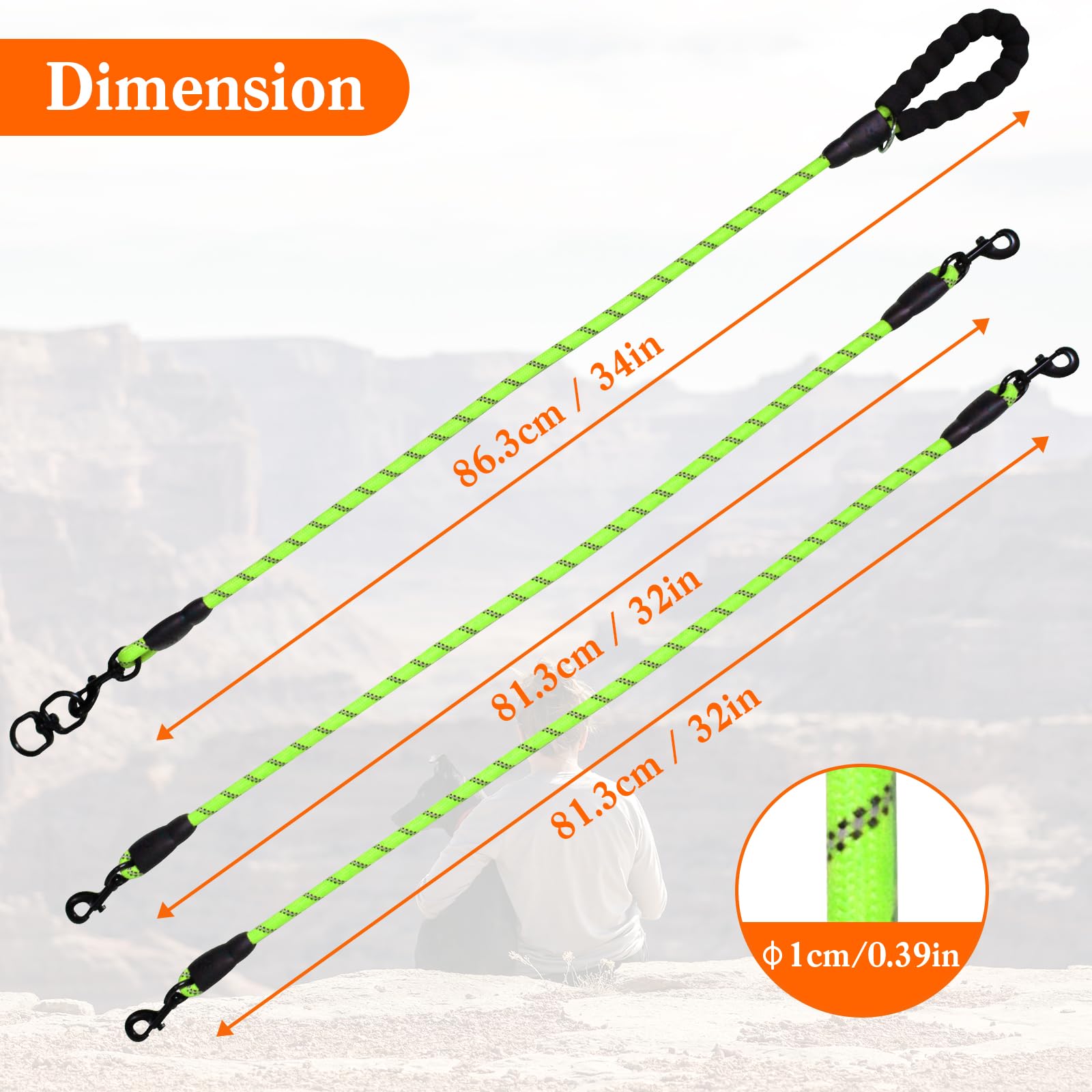 Three Way No Tangle Leash For 3 Dogs - 360 Swivel, Reflective For Large, Medium, Small Dogs (Green)
